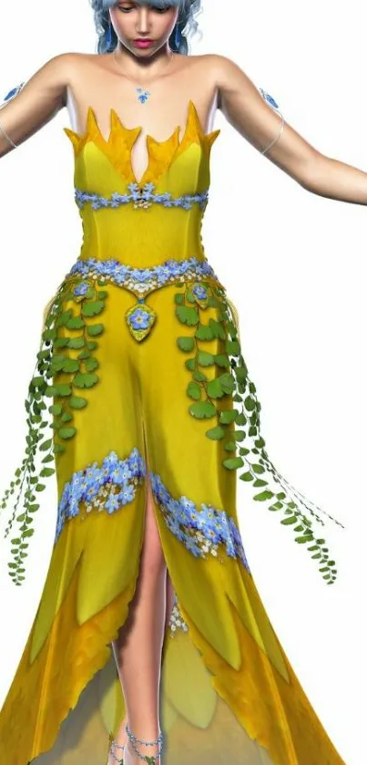 Fairy in a yellow dress with floral accents on a white background.