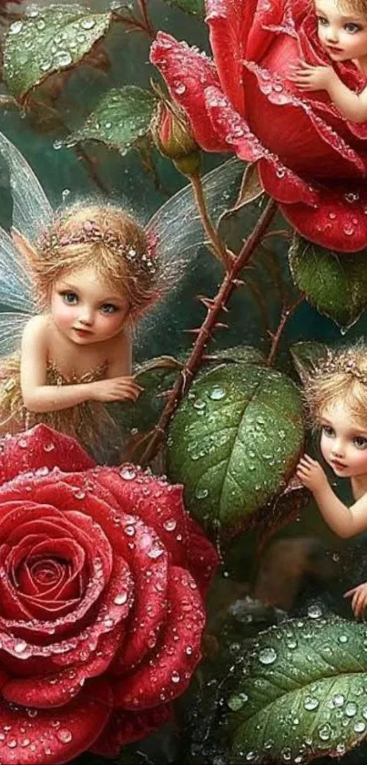 Whimsical fairies among red dewy roses in a fantasy scene.