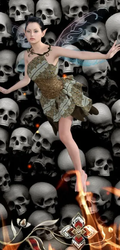 Fantasy fairy floating over skulls with fiery accents on a mobile wallpaper.