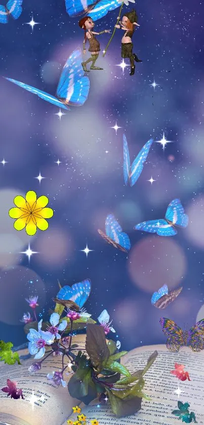 Fantasy wallpaper with blue butterflies and fairies against a dreamy night sky.