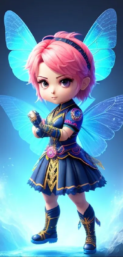 Fantasy fairy warrior with wings and pink hair in an enchanting setting.