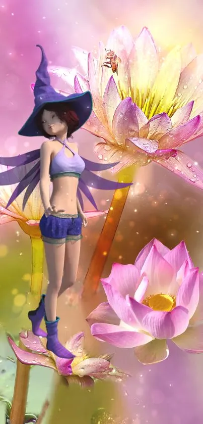 A fairy in a blue outfit with pink lotus flowers on a whimsical background.