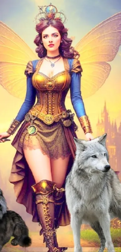 Fantasy fairy with armor and wolves under golden sky.