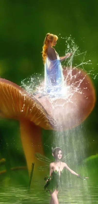 Fantasy fairies dance by a waterfall on mushroom.