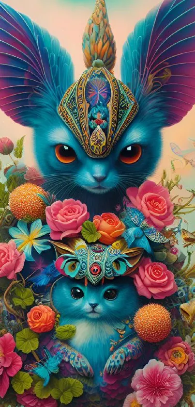 Fantasy cat artwork with vivid flowers and vibrant colors.