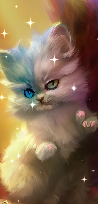 Fantasy art of a mystical feline with colorful eyes in a vibrant background.