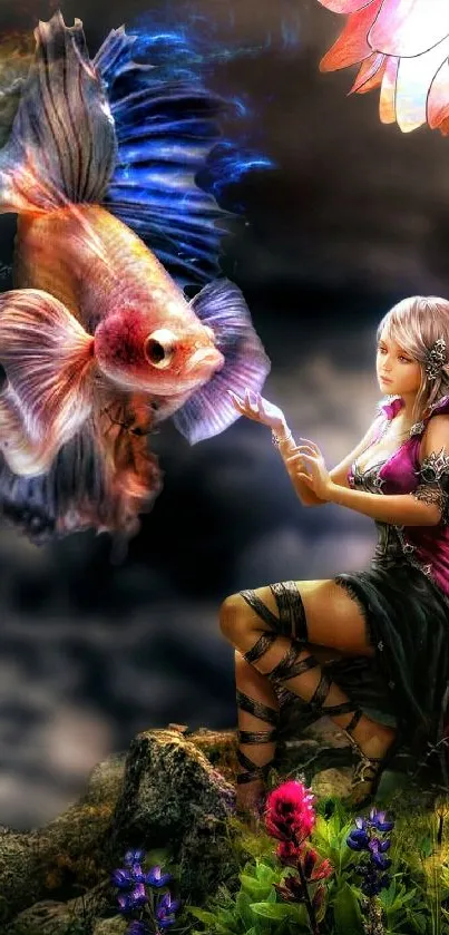 Fantasy art with a fish and fairy in vibrant colors.