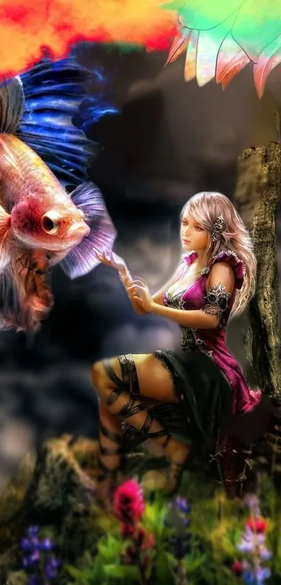 Fantasy scene with vibrant fish and fairy in colorful, dream-like setting.