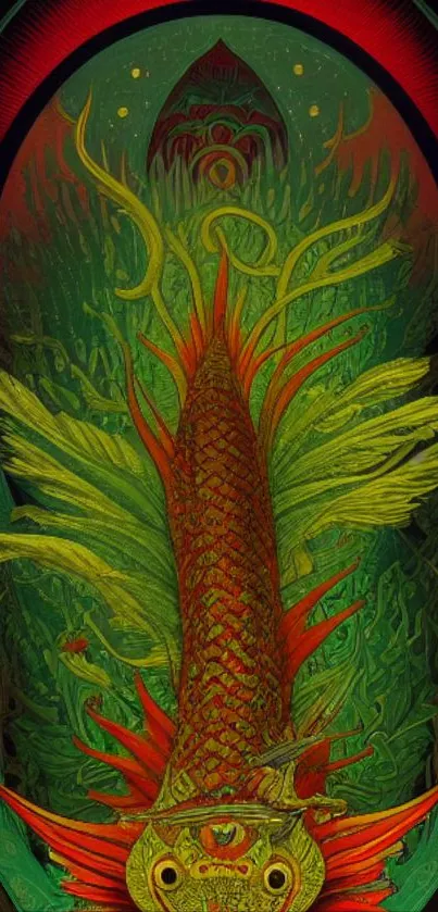 Fantasy fish art with green and red hues on a detailed mobile wallpaper.