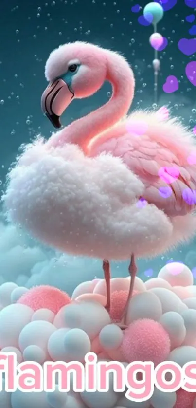 Fantasy pink flamingo surrounded by clouds and pastel balloons.