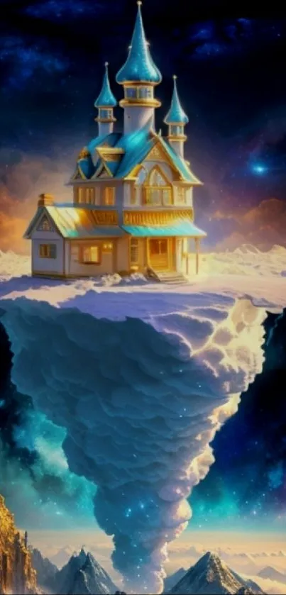 Floating castle on cloud with vibrant sky.