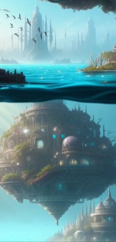 Floating island with blue waters and fantastical architecture.