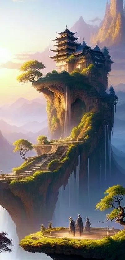 Mystical floating mountain with pagoda and waterfalls in a fantasy landscape.