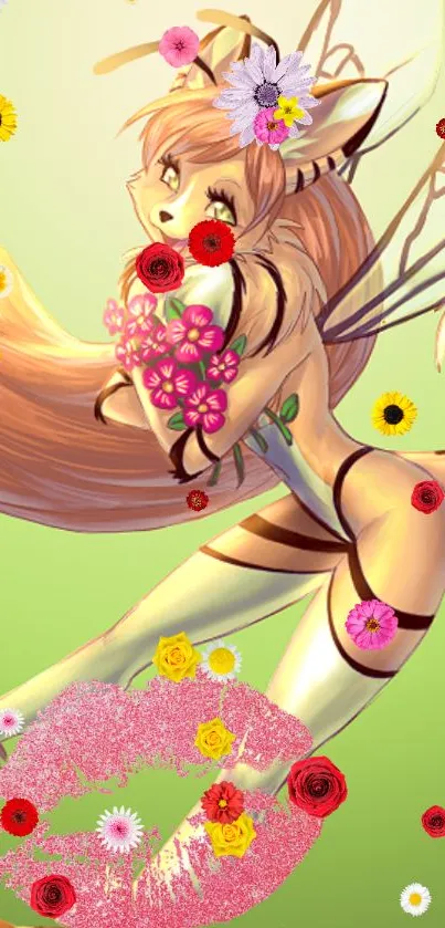 Anime character with flowers and light green background.