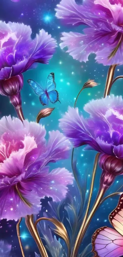 Purple flowers and butterflies in a whimsical fantasy scene.