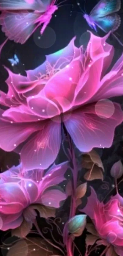 Fantasy floral wallpaper with pink roses and butterflies.