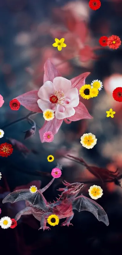 Fantasy wallpaper with flowers and a dragon on a dark, mystical background.