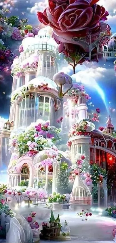 Fantasy floral castle with vibrant flowers and dreamlike atmosphere.