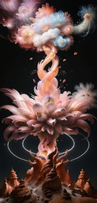 Surreal pink floral explosion against a dark background in fantasy art design.