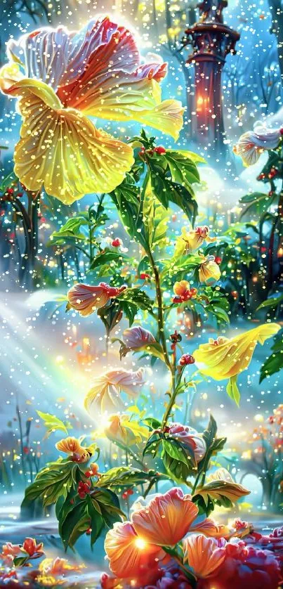 Fantasy floral forest wallpaper with vibrant flowers.