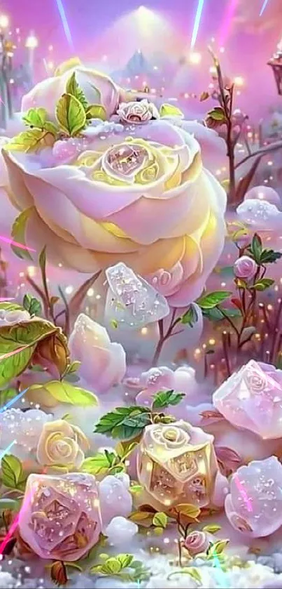 Whimsical fantasy wallpaper with pink roses and crystals.