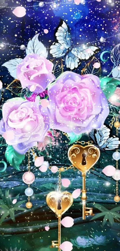 Fantasy wallpaper with roses, keys, and butterflies.