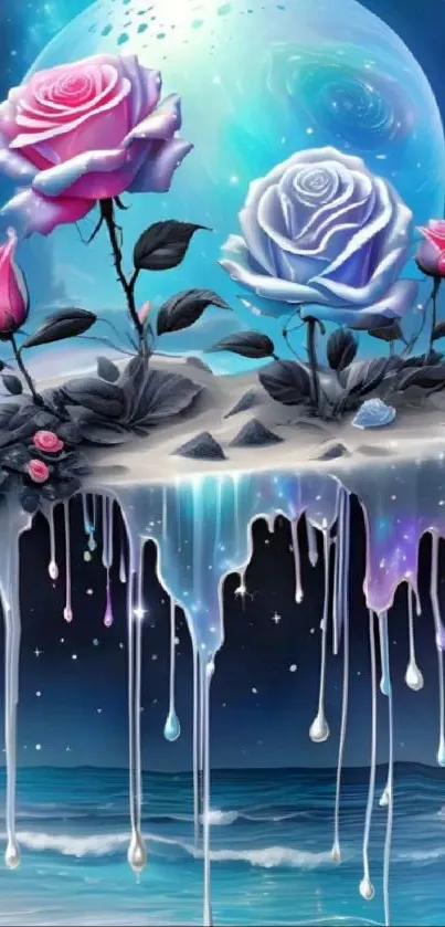 Fantasy wallpaper with glowing roses against a cosmic backdrop.