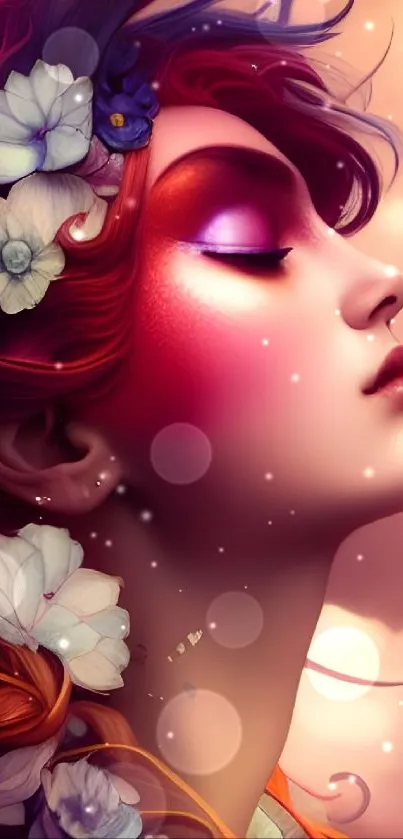 Fantasy floral portrait wallpaper with vibrant colors and dreamy aesthetics.