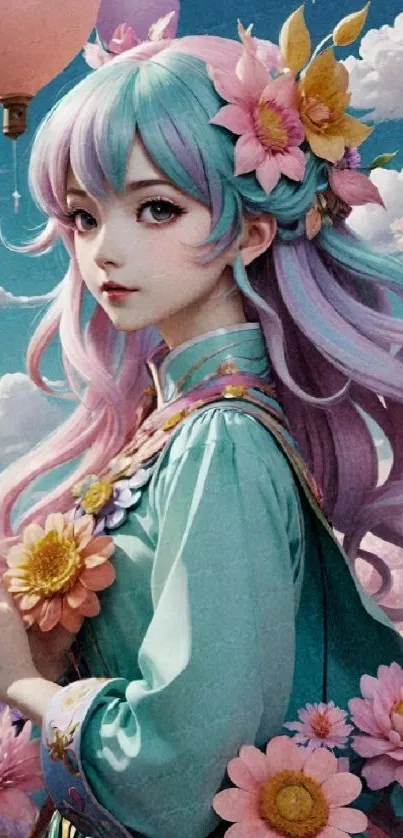 Anime girl with flowers in colorful fantasy style.