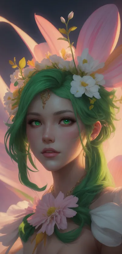 Fantasy portrait of a woman with flowers and green hair on phone wallpaper.