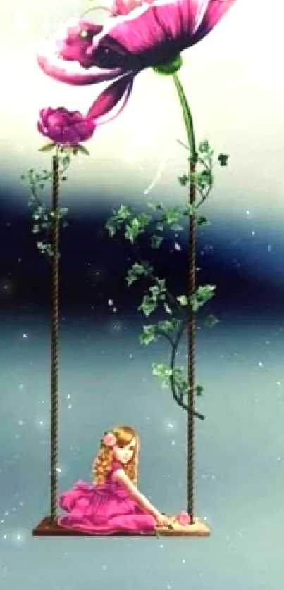 Girl on a floral swing against a dreamy blue background, creating a fantasy scene.