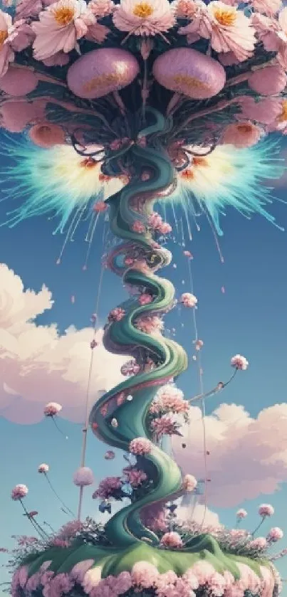 Surreal fantasy floral tree art on a mobile wallpaper in pastel hues.