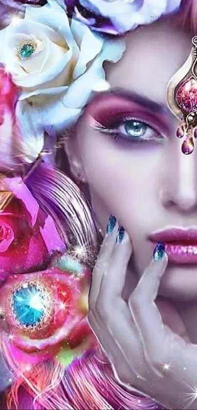 Fantasy art wallpaper of a mystical woman with vibrant floral elements.