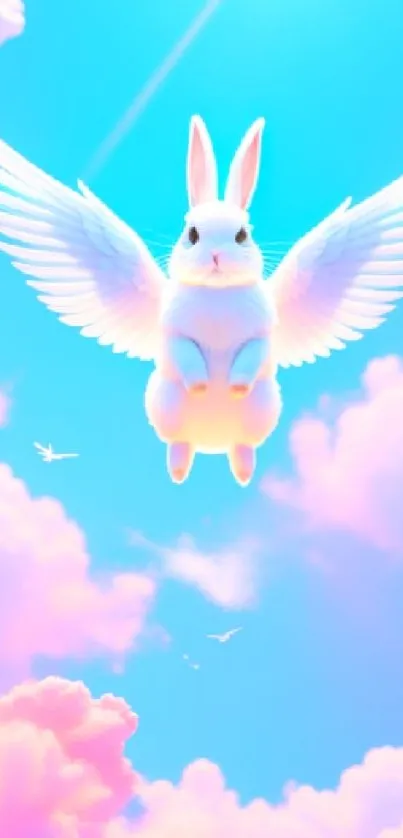 Flying bunny with wings in a blue sky and pink clouds wallpaper.