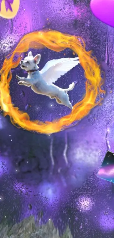 Winged dog flies through fiery hoop on purple fantasy background.