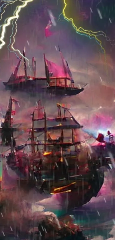 Mystical flying ship in a fantasy storm with vibrant colors and lightning.