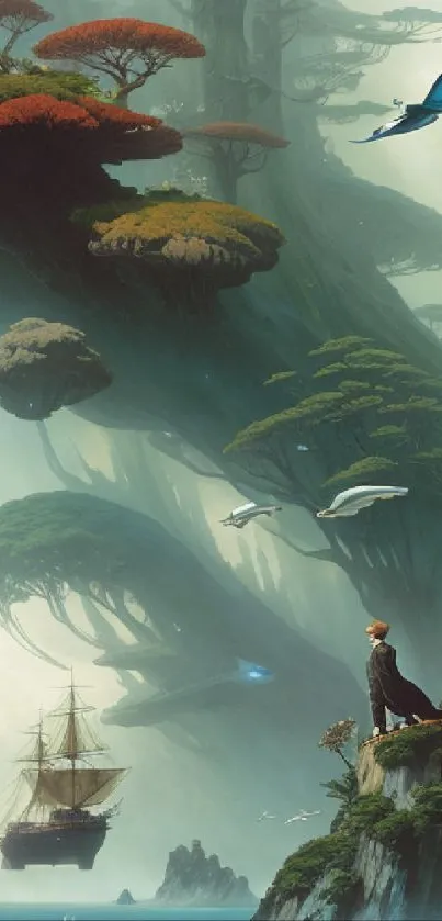 Fantasy forest adventure wallpaper with floating islands and flying ships.