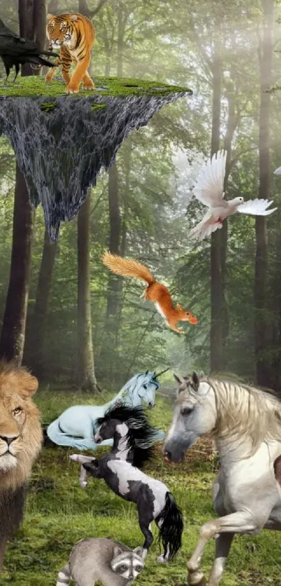 Fantasy forest with animals like lion, deer, and unicorn against lush greenery.