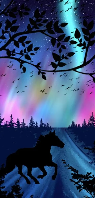 Fantasy wallpaper with aurora and silhouette horse under starlit sky.