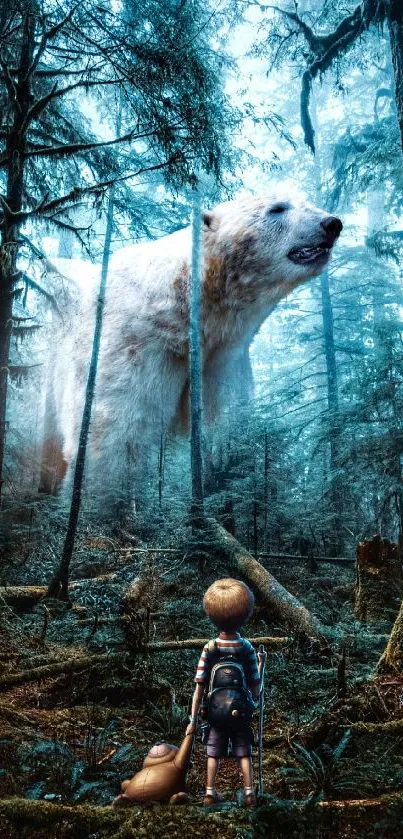 Fantasy scene with a magical bear in a misty forest.