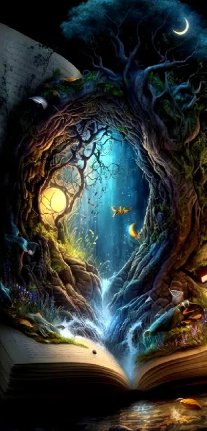 Open book transforming into a magical forest with vibrant colors.