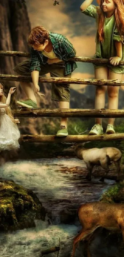 Whimsical forest scene with children on a bridge and a deer nearby.