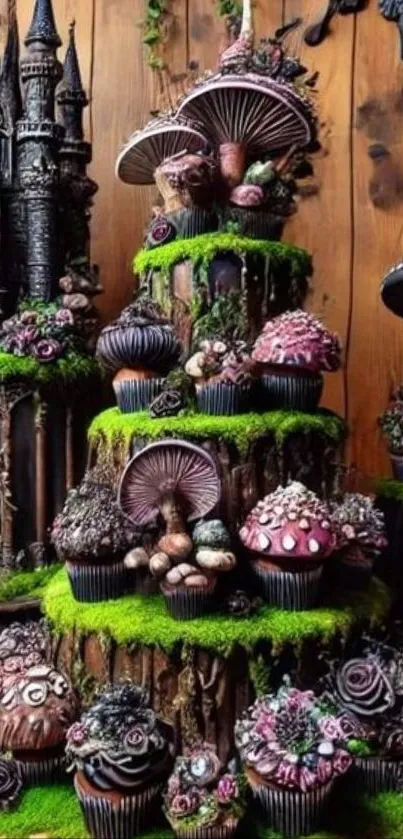 Whimsical cake display with mushrooms and castle in fantasy theme.