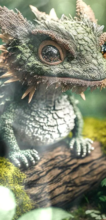 Fantasy forest creature on a log with lush greenery and mystical ambiance.