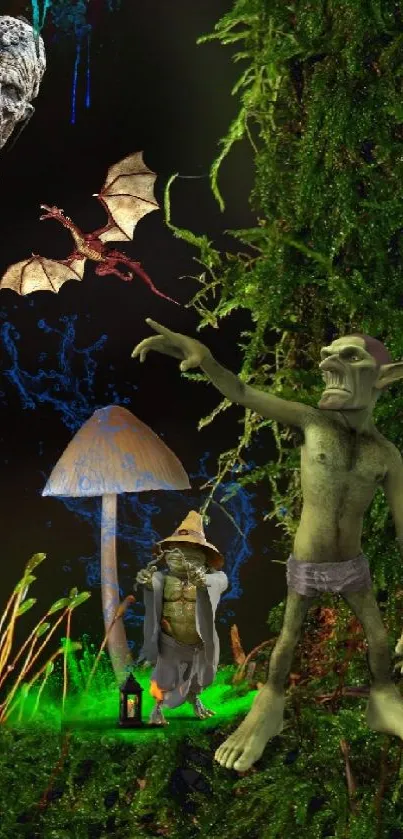 Fantasy forest wallpaper with goblins and creatures at night.
