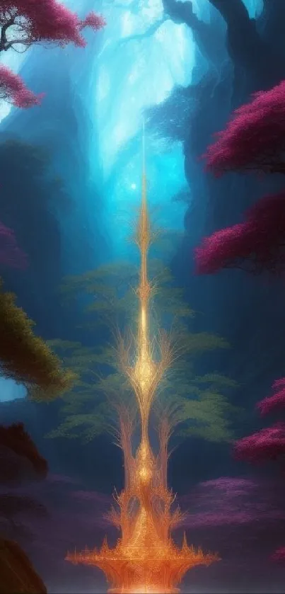 Fantasy forest digital art with glowing trees and vibrant colors.