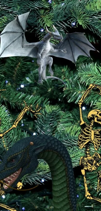 Dragon and skeletons in a green forest scene.