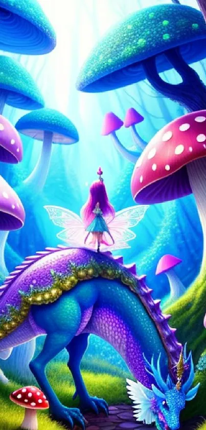 Fantasy wallpaper with dragon and mushrooms in a magical forest setting.