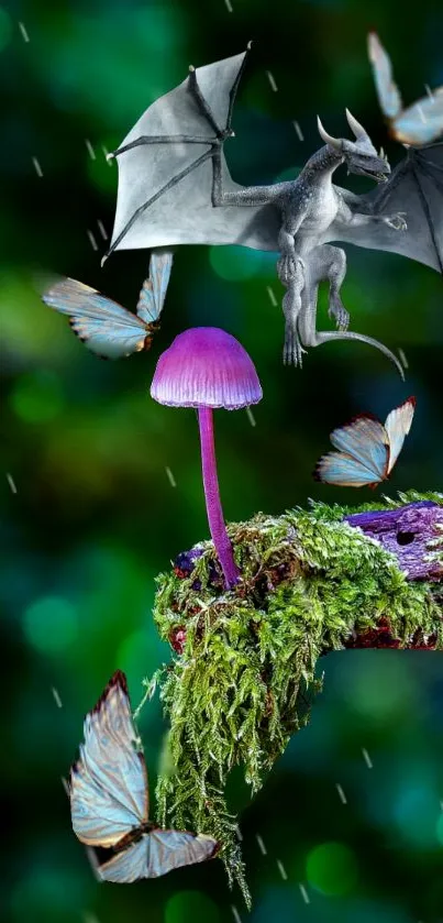 Fantasy dragon and mushrooms with butterflies in a lush green forest setting.