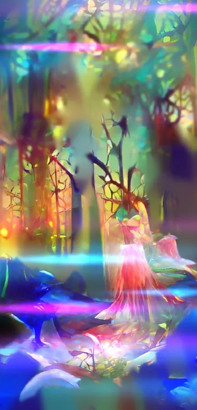 Enchanting fantasy forest with vibrant colors and mystical elements.